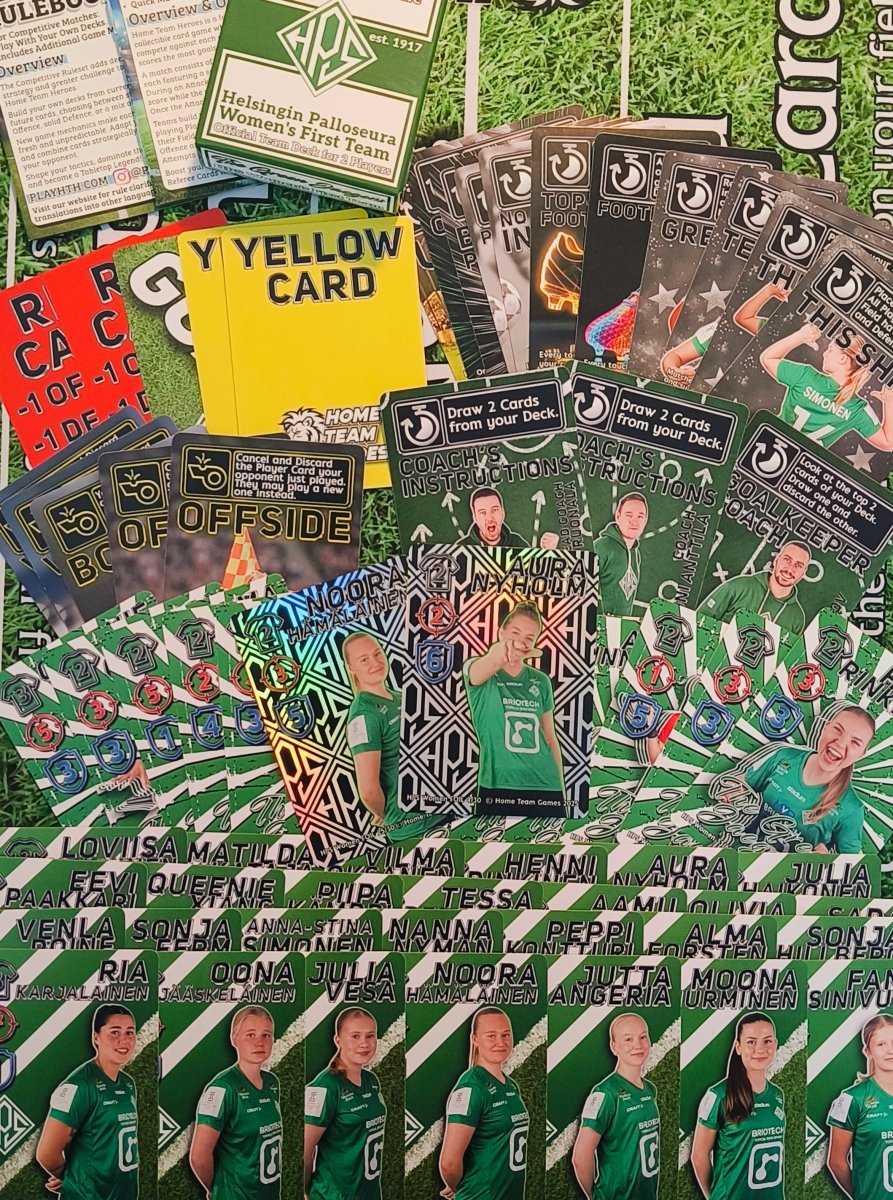Full layout of HPS Women’s Team Deck with player cards, foil specials, referee and tactic cards from Home Team Heroes.