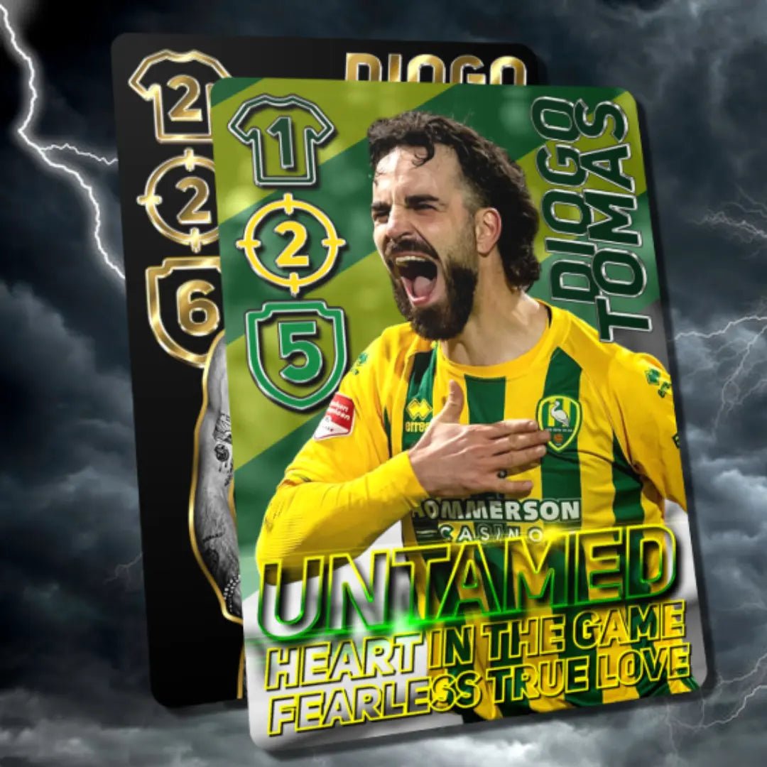 Spotfoil “Untamed” card of Diogo Tomas on lightning background with green-yellow kit and storm effect.
