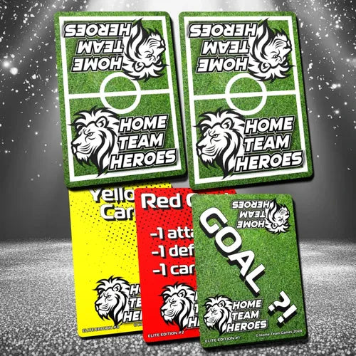 Elite Edition card backs in red, yellow and green foil from Home Team Heroes collectible football game.