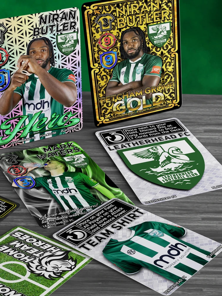 Home Team Heroes Leatherhead FC Team Deck trading cards showing Kiran Butler in holo and gold cards, Mark Waters, a Leatherhead FC Team Shirt and club badge cards.