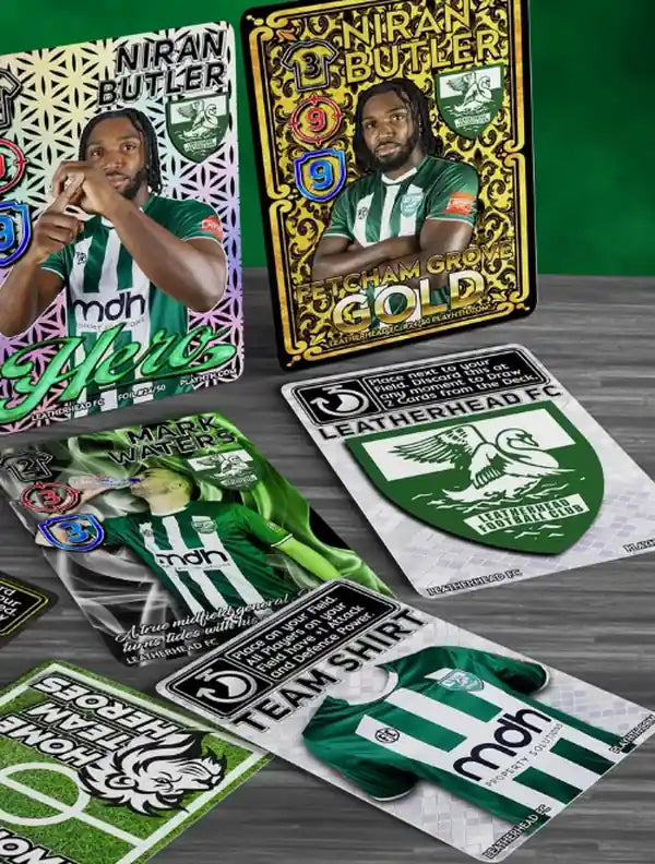 Home Team Heroes Leatherhead FC Team Deck trading cards showing Kiran Butler in holo and gold cards, Mark Waters, a Leatherhead FC Team Shirt and club badge cards.