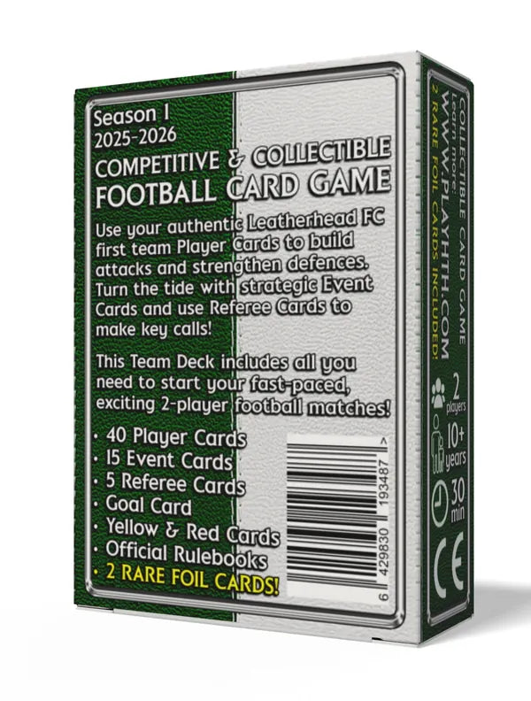 Leatherhead FC Team Deck box back side. Home Team Heroes football trading cards, Season 1 2025–2026; includes 2 rare foil cards.