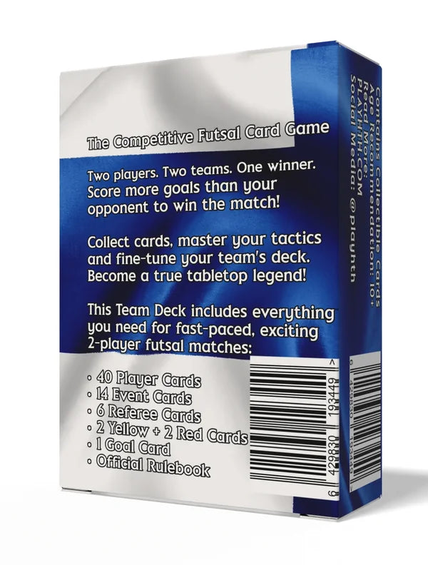 Back of Home Team Heroes Mambas (Finland Deaf Futsal) Team Deck, collectible futsal trading card game with contents list.