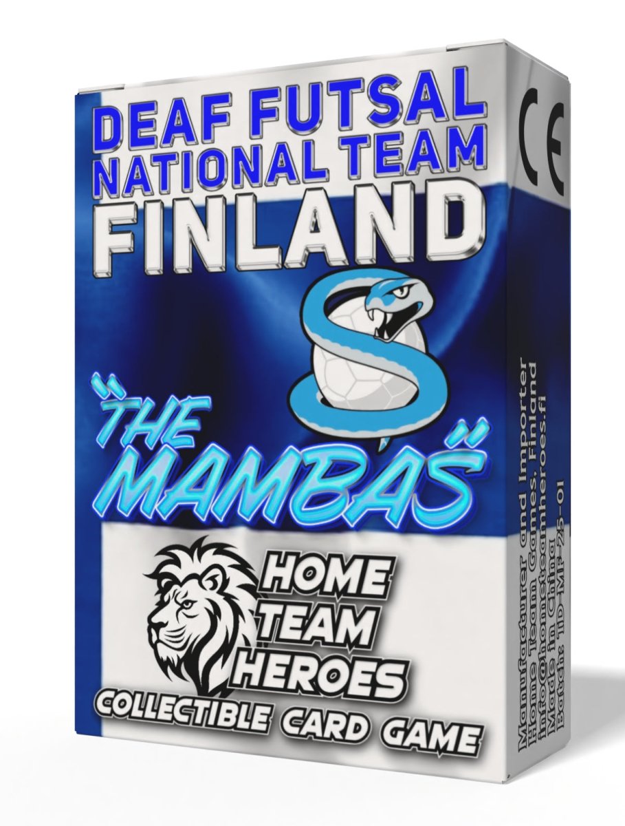 Retail box of The Mambas team deck from Home Team Heroes, featuring blue artwork and Finland’s Deaf Futsal Team.