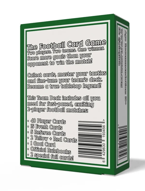 HPS Women's Team Deck box back showing contents - 40 player cards, 15 event cards, 5 referee cards, 2 special foil cards for football trading card game collectors