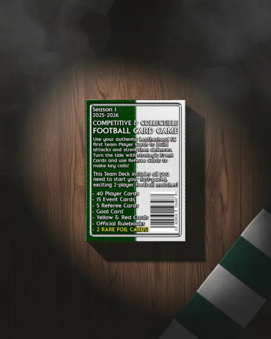 Back of Leatherhead FC Team Deck box showing complete contents list including 40 player cards, event cards, referee cards, and game components for Home Team Heroes football card game Season 1 2025-2026