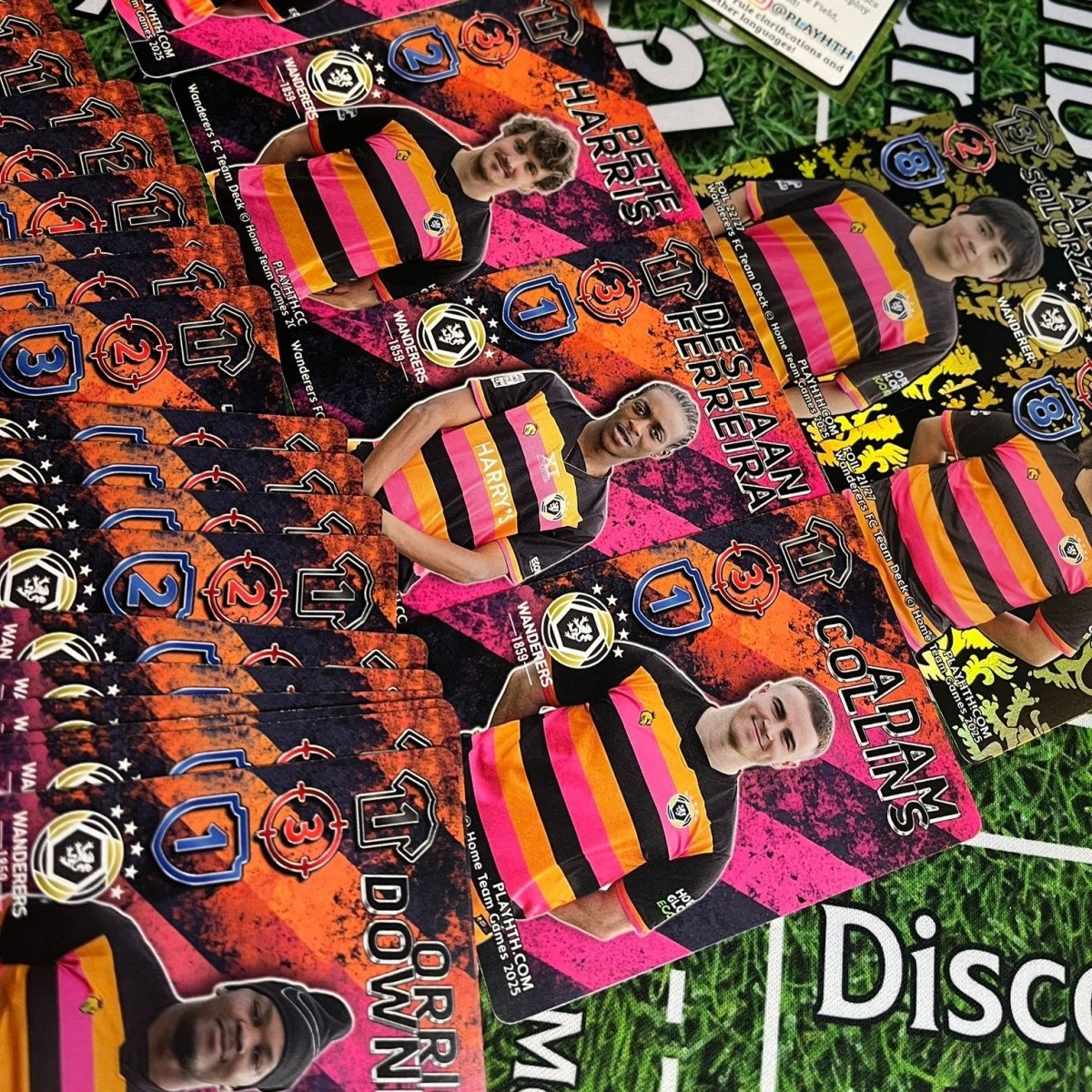 Close-up of Wanderers FC player cards including Pete Harris and Deshaan Ferreira from the Team Deck.