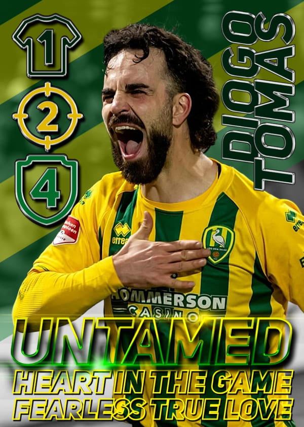 ADO Den Haag defender Diogo Tomas screaming with passion on an 'Untamed' special edition card, captioned 'Heart in the Game' to represent leadership.