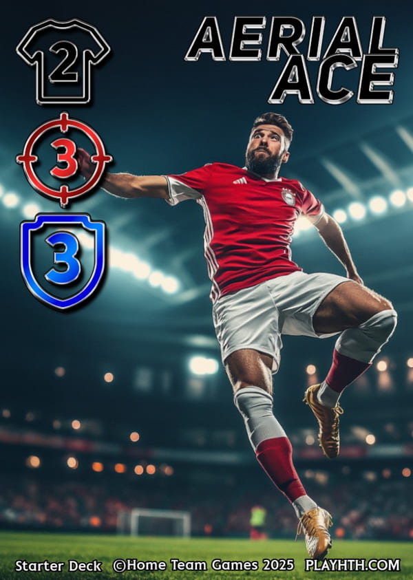 An 'Aerial Ace' card capturing a player winning a header under stadium lights, signifying strong aerial stats for both attack and defence set pieces.