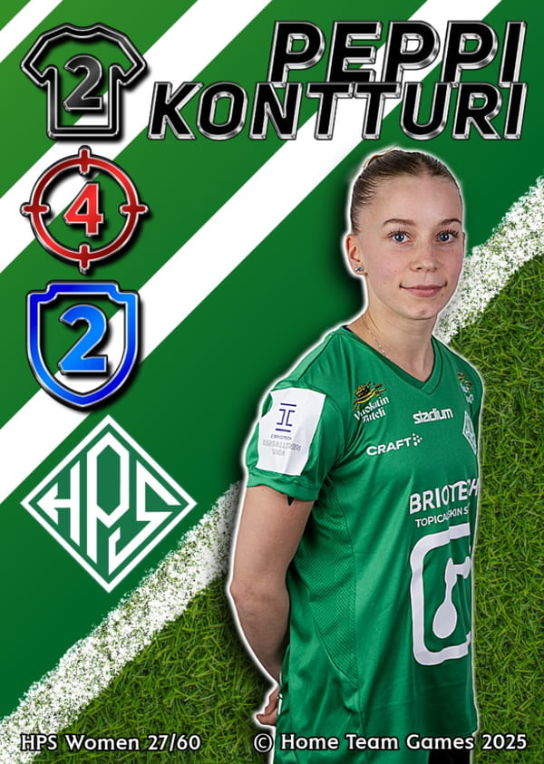 A personalised Home Team Heroes football trading card featuring HPS player Peppi Kontturi in a green kit, displaying custom attributes and icons for attack power and defence power.