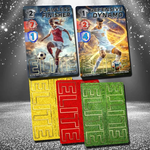 Flawless Finisher and Defensive Dynamo Elite foil cards from Home Team Heroes football card game.