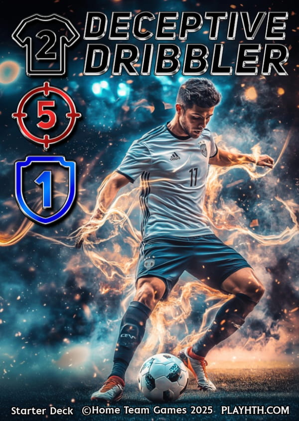 A 'Deceptive Dribbler' card from the starter deck, featuring dynamic artwork of a player performing a skill move, appealing to fans of flair and technique.
