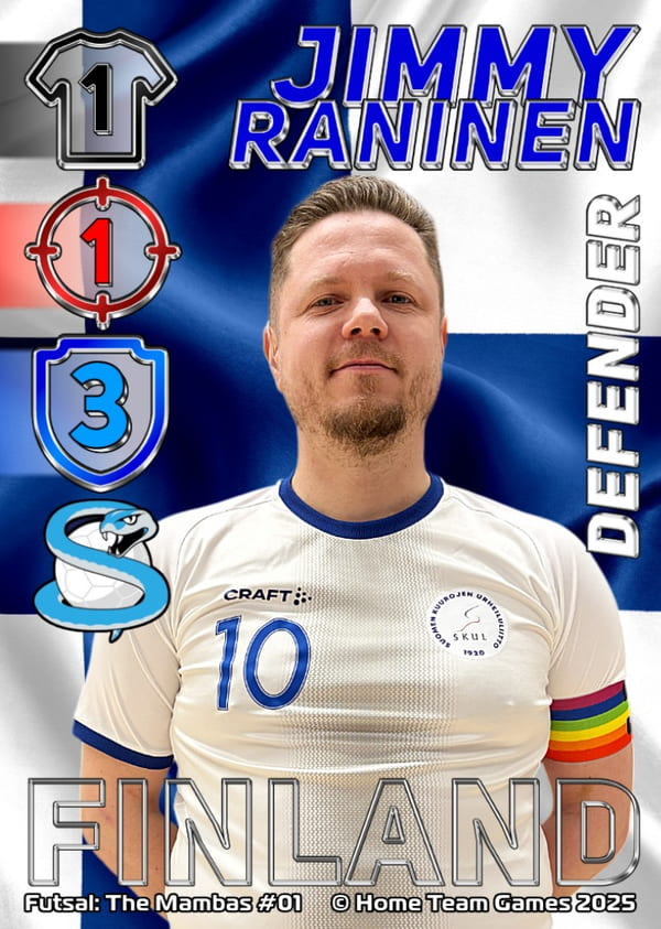 Finland Futsal player Jimmy Raninen wearing the national kit and rainbow captain's armband, featured on a custom card supporting SKUL (Finnish Deaf Sports) and Finland deaf futsal national team with a nickname 'the mambas'.