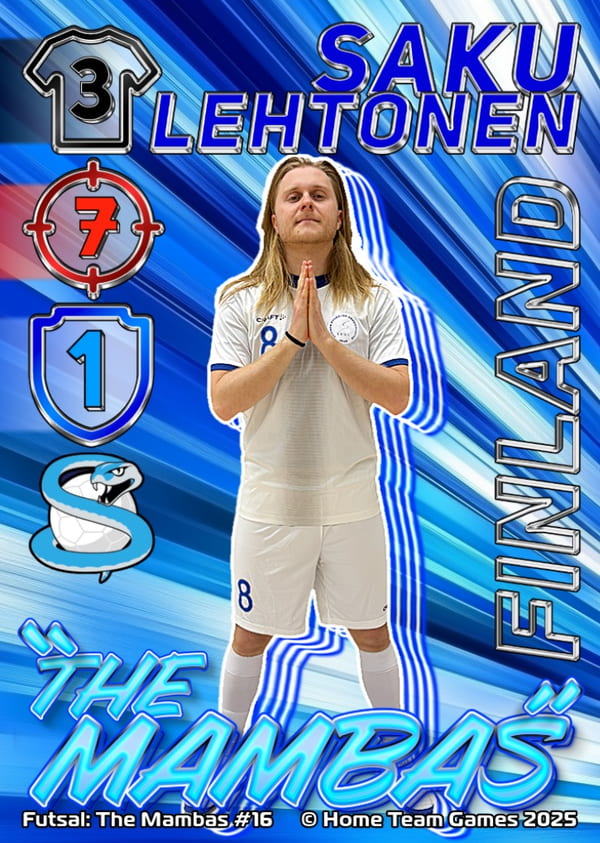 Finland Futsal National Team player Saku Lehtonen posing with a 'namaste' gesture on a custom 'The Mambas' edition trading card, representing Finnish pride.