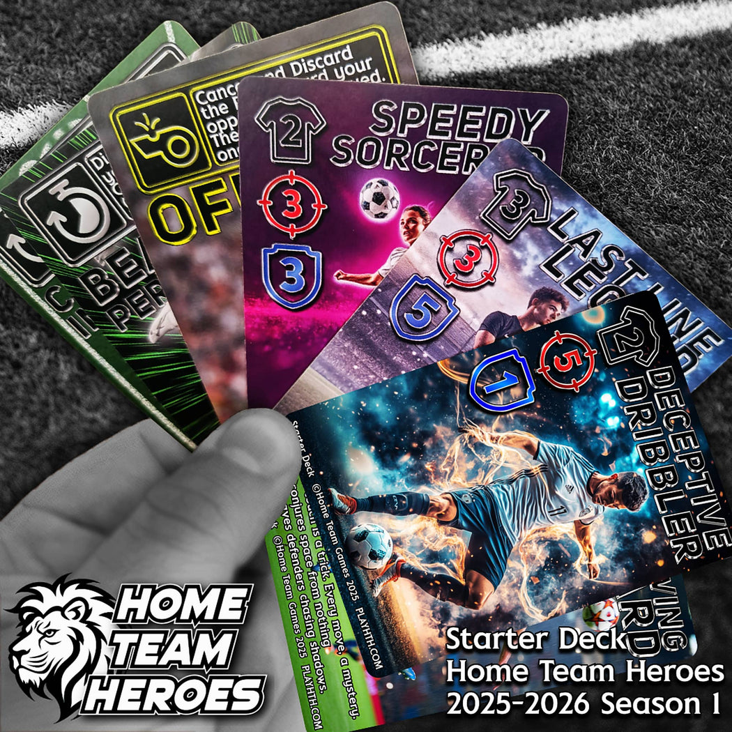 Football card game showing tactical event and player cards including Speedy Sorcerer, Offside, and Deceptive Dribbler from Starter Deck with dynamic artwork