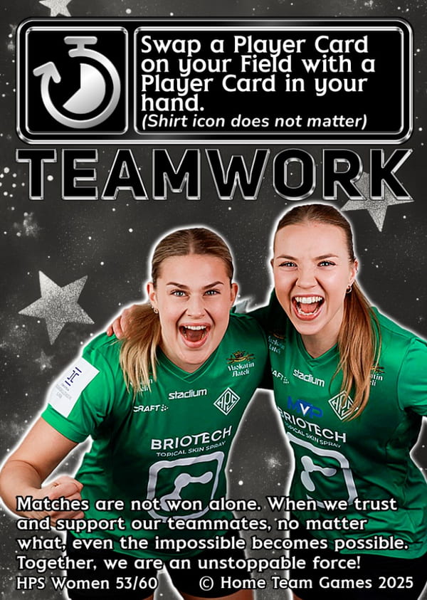 A 'Teamwork' event card featuring two cheering HPS players, detailing gameplay rules for swapping squad members during a tabletop match.