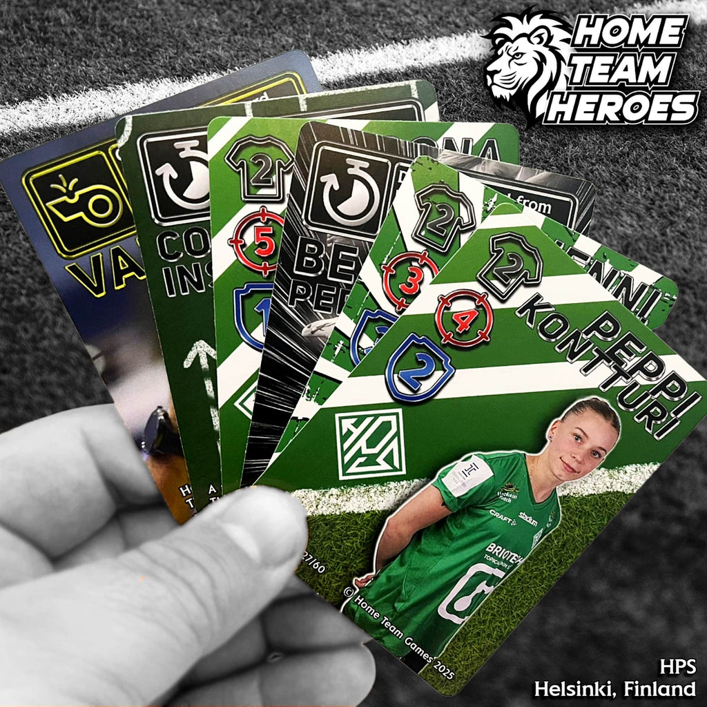 Collectible football game cards featuring real HPS Helsinki women's players with authentic photos and tactical stats in licensed club kits
