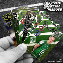 Collectible football game cards featuring real HPS Helsinki women's players with authentic photos and tactical stats in licensed club kits