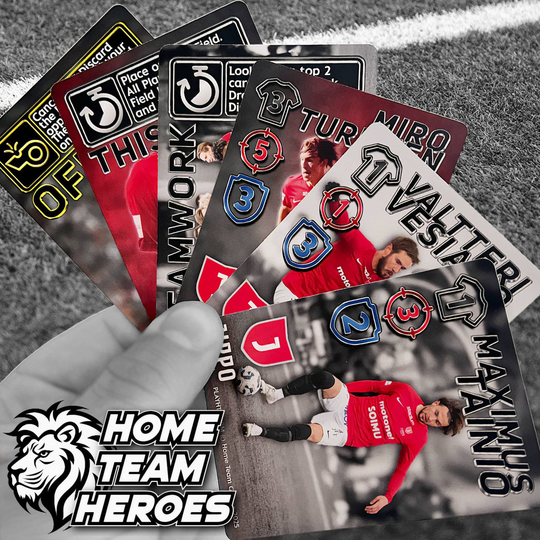 Collectible football game cards featuring real Jippo Joensuu players with authentic photos and tactical stats displayed on pitch