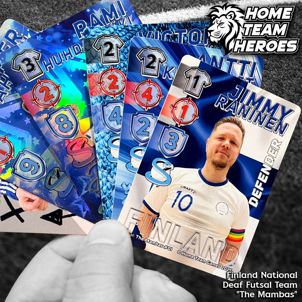 Futsal collectible cards featuring real Finland Deaf National Team players with authentic photos and tactical stats on pitch background