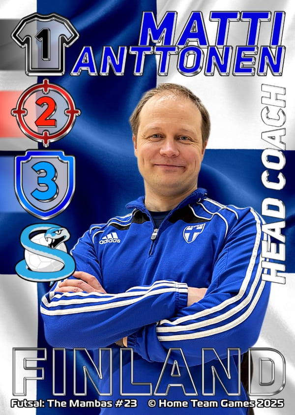 Finland Futsal Head Coach Matti Anttonen featured on a strategic 'Manager' card, wearing the official blue national team tracksuit.