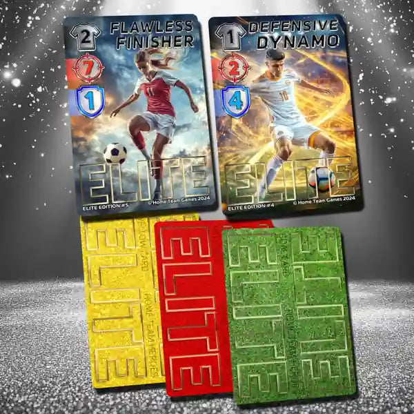 Front sides of limited edition holo cards - Flawless Finisher and Defensive Dynamo foil cards. Home Team Heroes ELITE, Drop 1.