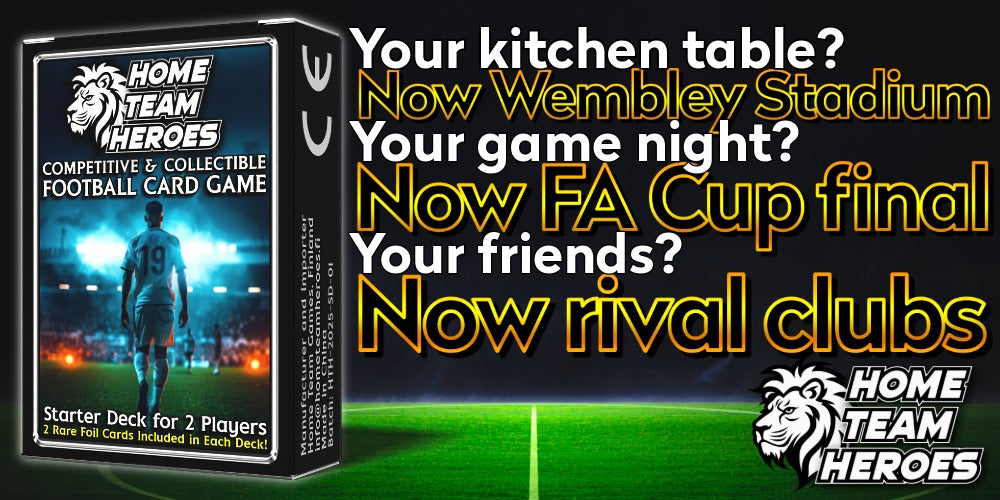 Home Team Heroes football card game starter deck. Competitive 2-player board game that turns your kitchen table into Wembley Stadium