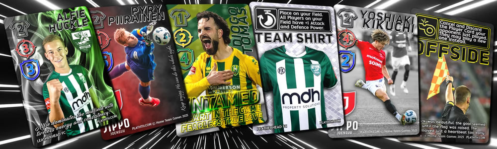 Tactical banner for Home Team Heroes football card game featuring Alfie Huckle, Pyry Piirainen, Diogo Tomas, Yoshiaki Kikuchi, and gameplay cards like Team Shirt and Offside.