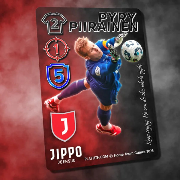 Home Team Heroes Jippo Joensuu Pyry Piirainen goalkeeper football trading card, diving save; collectible card 2025.