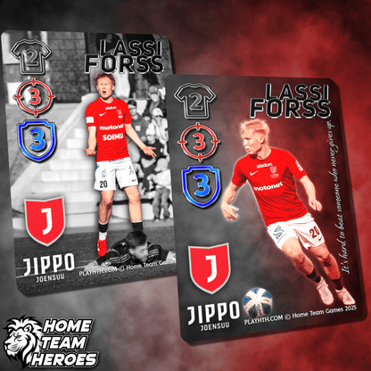 Two Lassi Forss football cards from JIPPO Joensuu in red kit, part of Home Team Heroes collectible card game.
