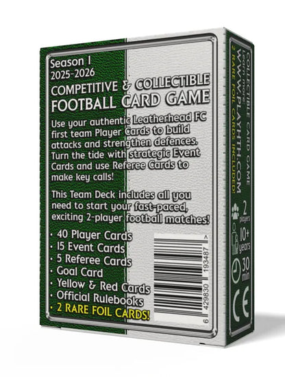 Leatherhead FC Team Deck box back side. Home Team Heroes football trading cards, Season 1 2025–2026; includes 2 rare foil cards.