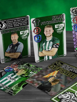 Home Team Heroes trading card game featuring Leatherhead FC Team Manager Ian Selley, Jacob Breckon and Kane Fitzgerald, player cards with ability icons and team branding