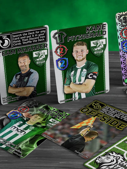 Home Team Heroes trading card game featuring Leatherhead FC Team Manager Ian Selley, Jacob Breckon and Kane Fitzgerald, player cards with ability icons and team branding