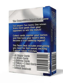 Back of Home Team Heroes Mambas (Finland Deaf Futsal) Team Deck, collectible futsal trading card game with contents list.