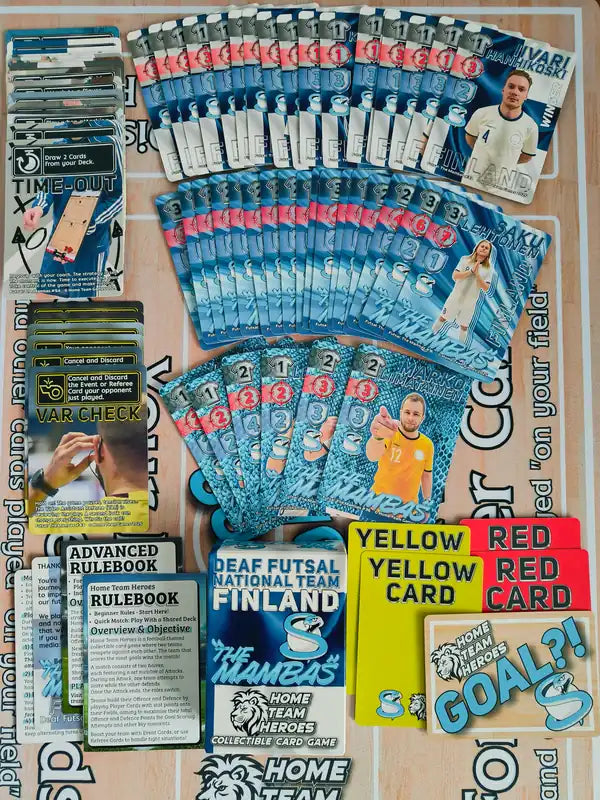 Mambas Futsal Team Deck contents laid out, including player cards, foils, and tactics from Home Team Heroes.
