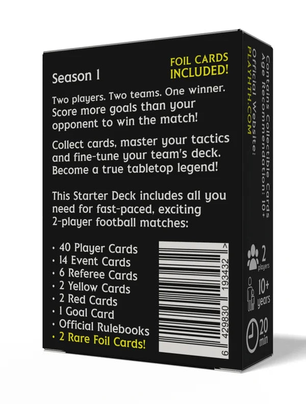 Home Team Heroes Starter Deck box back listing content: 40 player cards, 14 event cards, 6 referee cards, yellow and red cards, 2 rare foil cards included, Season 1 football trading card game for 2 players ages 10+