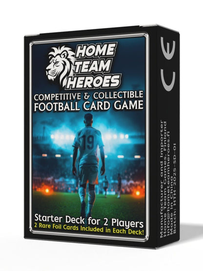 Starter Deck box for two players featuring rare foil cards and tactical football gameplay in Home Team Heroes card game.