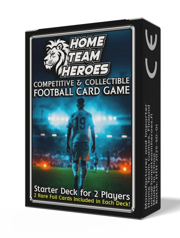 Starter Deck box for two players featuring rare foil cards and tactical football gameplay in Home Team Heroes card game.
