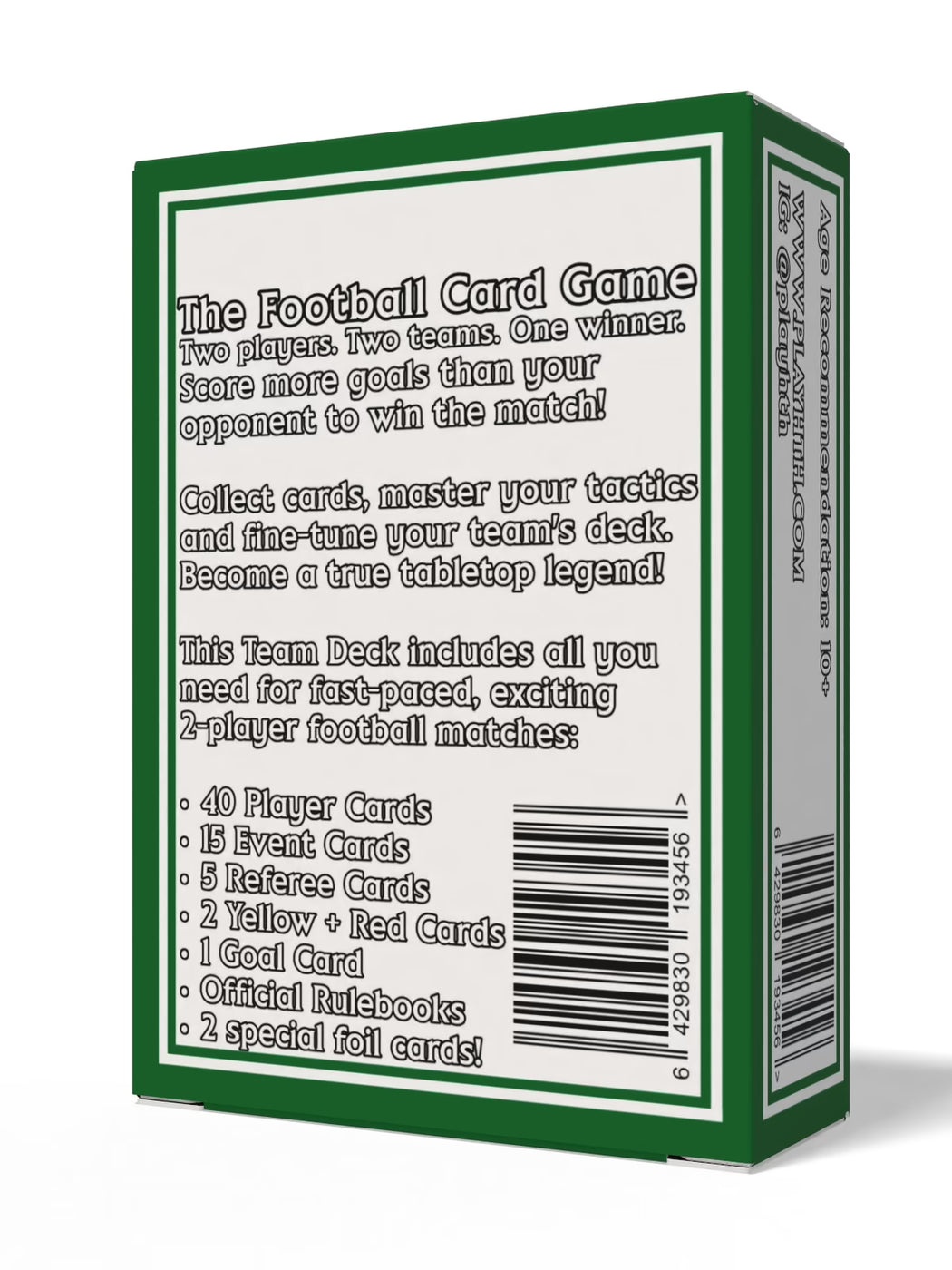HPS Women's Team Deck box back showing contents: 40 player cards, 15 event cards, 5 referee cards, 2 special foil cards for football trading card game collectors, fans and gamers.
