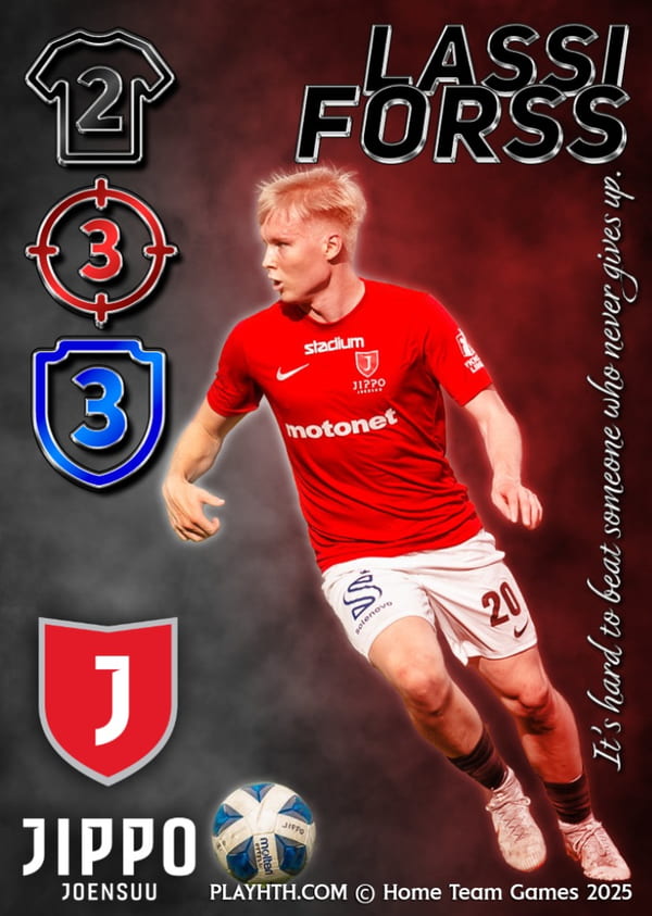 A custom football card featuring JIPPO player Lassi Forss, inscribed with the motivational quote 'It's hard to beat someone who never gives up'.