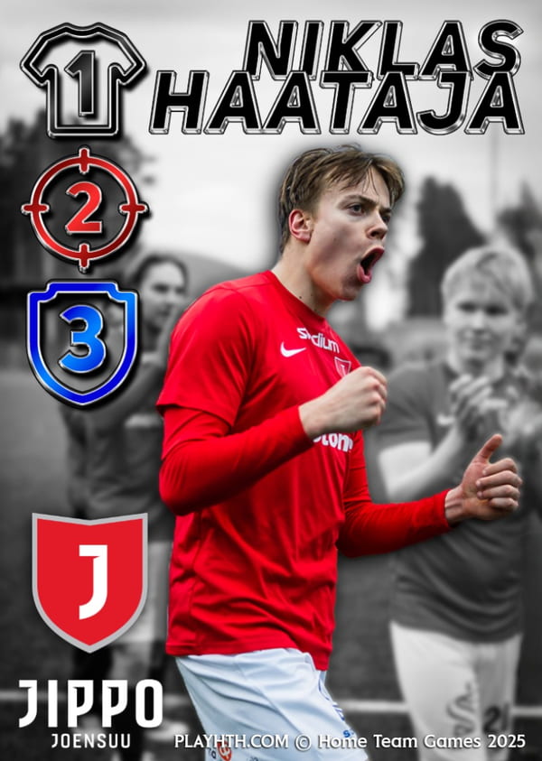 Jippo Joensuu team's player Niklas Haataja celebrating a goal with passion on a custom Home Team Heroes card, capturing the emotion of the beautiful game of football.