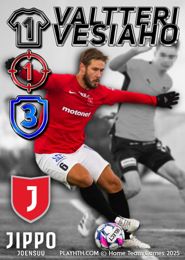 Jippo Joensuu defender Valtteri Vesiaho controlling the ball on a custom football card, representing composed defensive play and ball-playing centre-back stats.