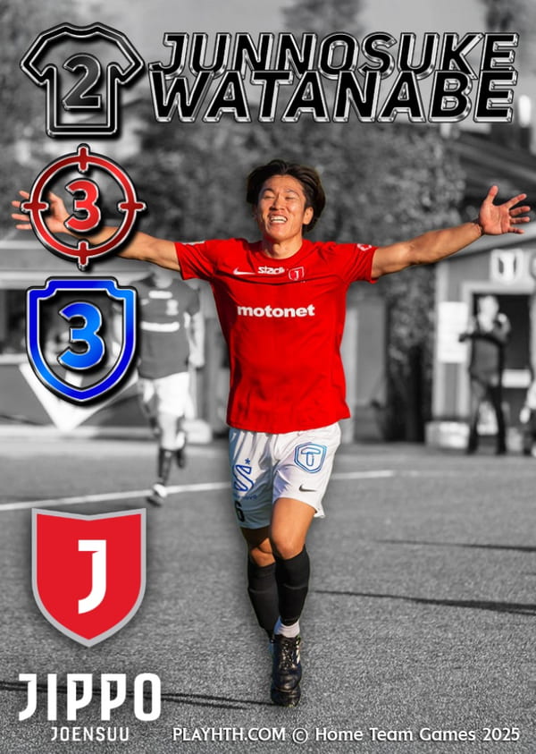 Midfielder of Jippo Joensuu, Junnosuke Watanabe celebrating a goal with open arms on a custom trading card, showcasing joy and balanced game attributes.