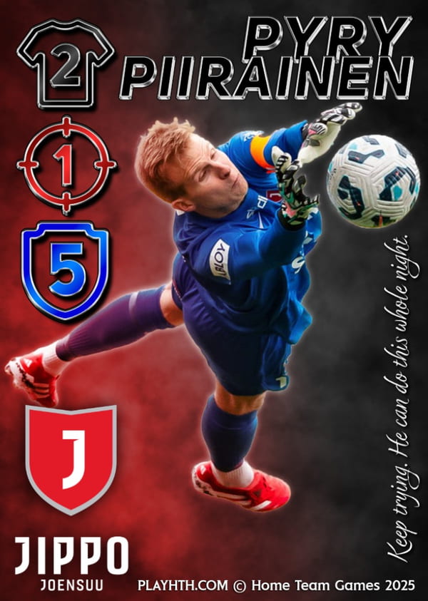 JIPPO goalkeeper Pyry Piirainen making a spectacular diving save on a custom football card, showcasing high defenstats and the red JIPPO Joensuu kit.