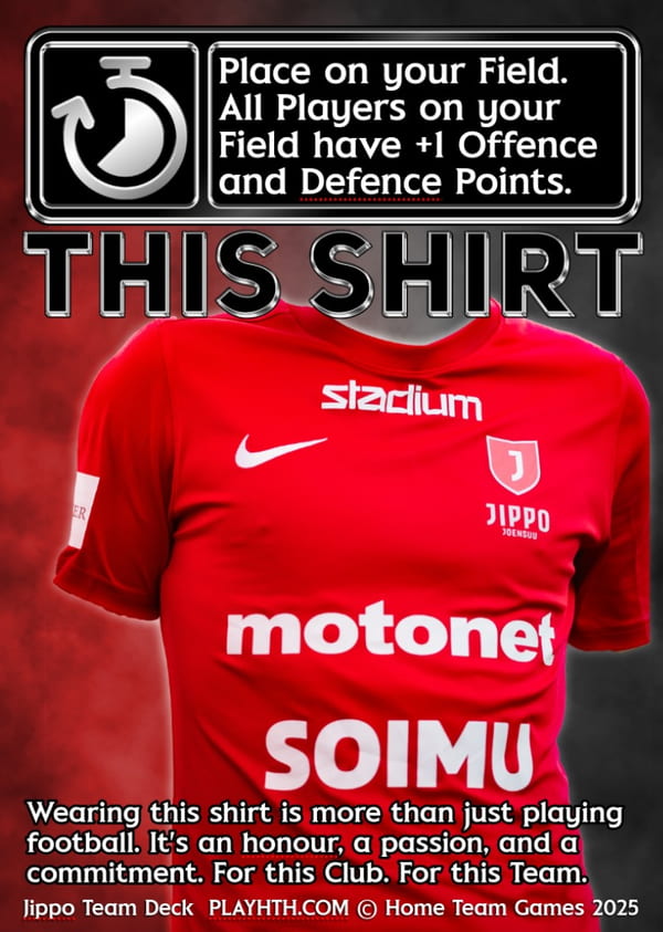 The official red Jippo Joensuu home kit equipment card featuring the Motonet, Soimu and Stadium sponsors, used to boost offence and defence points for the squad.