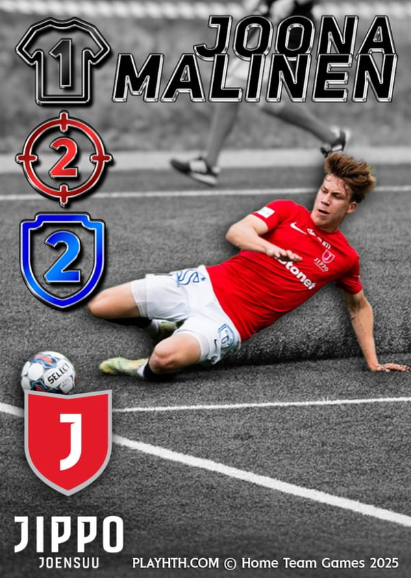 Joona Malinen, midfielder of Jippo Joensuu, executing a sliding tackle on a synthetic pitch, featured on a custom card with high defensive work rate stats.