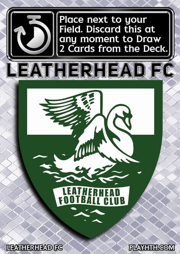 A strategic 'Leatherhead FC' card featuring the classic swan crest, allowing players to draw cards from the deck to gain a tactical advantage.