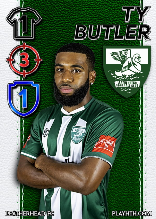 A professional-style player profile card for Ty Butler of Leatherhead FC, displaying attacking and defensive game statistics for non-league football fans.