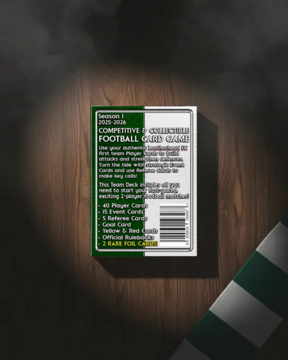 Back of Leatherhead FC Team Deck box showing complete contents list including 40 player cards, event cards, referee cards, and game components for Home Team Heroes football card game Season 1 2025-2026