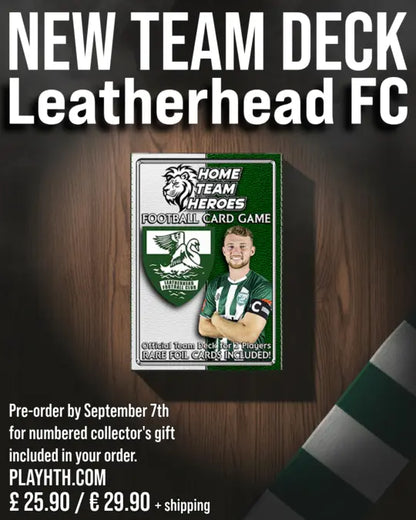 Leatherhead FC Team Deck card game on wooden surface - official Home Team Heroes football card game featuring Leatherhead FC captain and club crest